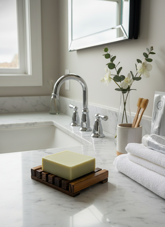 Bamboo Soap Tray on Bathroom Sink