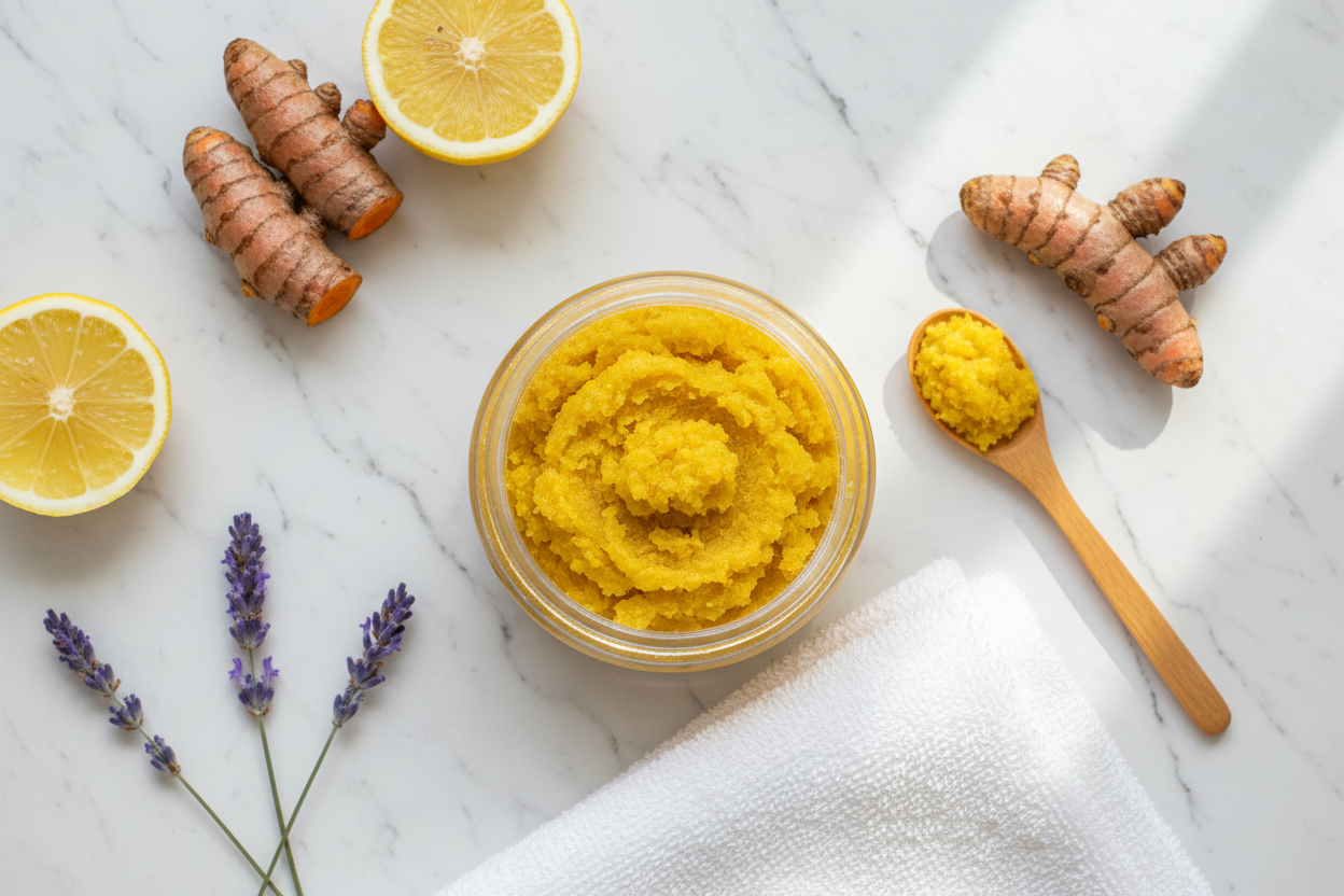 Turmeric Scrub Marble Flatlay